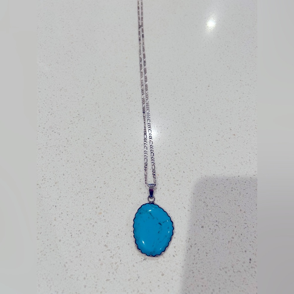 Beautiful Turquoise Stone Pendant on long sterling silver chain necklace